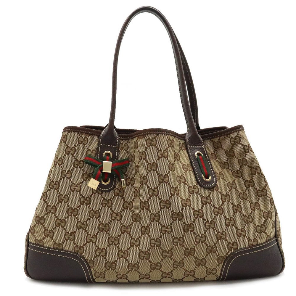 GUCCI Gucci GG Canvas Princely Line Ribbon Tote Bag Shoulder Leather Khaki Be...